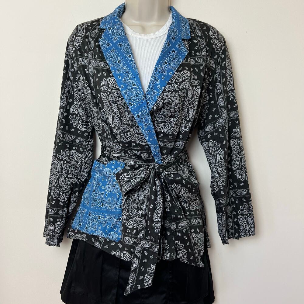 ZARA Paisley Lightweight Relaxed Wrap Waist Lapel Jacket Blue Charcoal Small